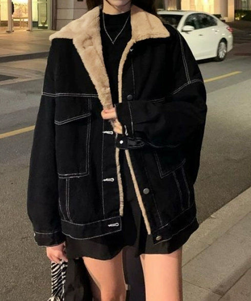 裏ファーデニムジャケットステッチブルゾン 裏起毛デニムGジャン 韓国風 ふわふわ裏ボアアウター あったか もこもこインナーファーデニムコート 体型カバー 防寒防風 83YIREN-001