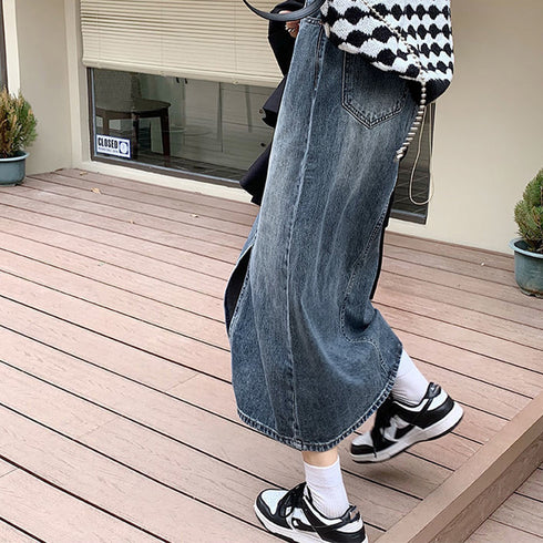 デニム タイトスカート フロントスリット オシャレ レディース ハイウエスト ロングスカート 体型カバー カジュアル ジーンズ ミドル丈スカート 着やせ 春秋夏冬 83ACYA-001