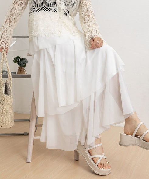 チュールティアードスカート ハイウエスト ロングスカート レディース ウエストゴムフレアスカート 大人可愛いミモレ丈スカートきれいめボリュームスカート春夏 韓国風 83AIMEIJU-002