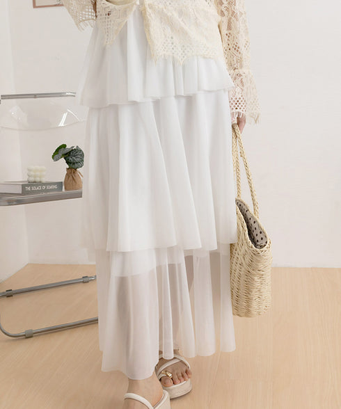 チュールティアードスカート ハイウエスト ロングスカート レディース ウエストゴムフレアスカート 大人可愛いミモレ丈スカートきれいめボリュームスカート春夏 韓国風 83AIMEIJU-002