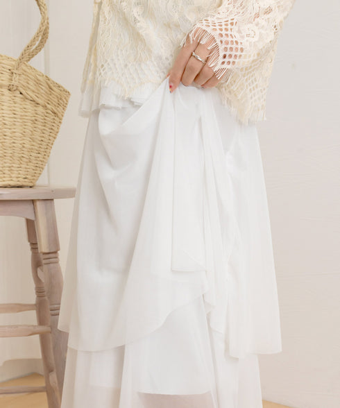 チュールティアードスカート ハイウエスト ロングスカート レディース ウエストゴムフレアスカート 大人可愛いミモレ丈スカートきれいめボリュームスカート春夏 韓国風 83AIMEIJU-002