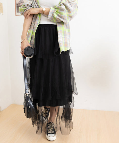 チュールティアードスカート ハイウエスト ロングスカート レディース ウエストゴムフレアスカート 大人可愛いミモレ丈スカートきれいめボリュームスカート春夏 韓国風 83AIMEIJU-002