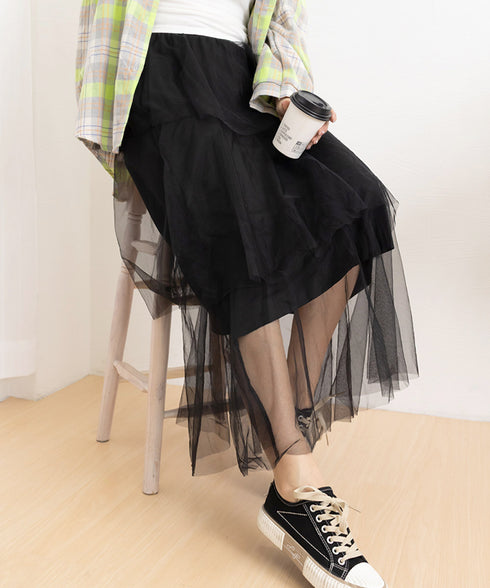 チュールティアードスカート ハイウエスト ロングスカート レディース ウエストゴムフレアスカート 大人可愛いミモレ丈スカートきれいめボリュームスカート春夏 韓国風 83AIMEIJU-002