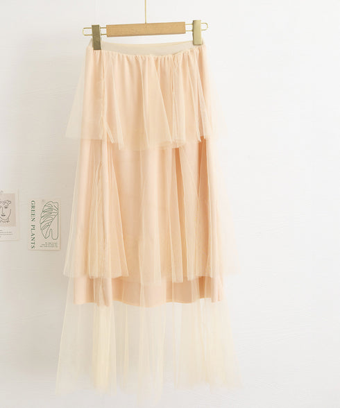 チュールティアードスカート ハイウエスト ロングスカート レディース ウエストゴムフレアスカート 大人可愛いミモレ丈スカートきれいめボリュームスカート春夏 韓国風 83AIMEIJU-002