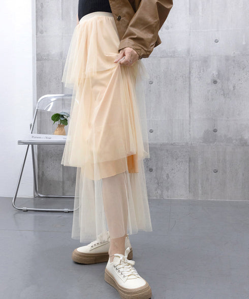 チュールティアードスカート ハイウエスト ロングスカート レディース ウエストゴムフレアスカート 大人可愛いミモレ丈スカートきれいめボリュームスカート春夏 韓国風 83AIMEIJU-002