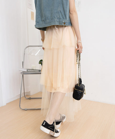 チュールティアードスカート ハイウエスト ロングスカート レディース ウエストゴムフレアスカート 大人可愛いミモレ丈スカートきれいめボリュームスカート春夏 韓国風 83AIMEIJU-002