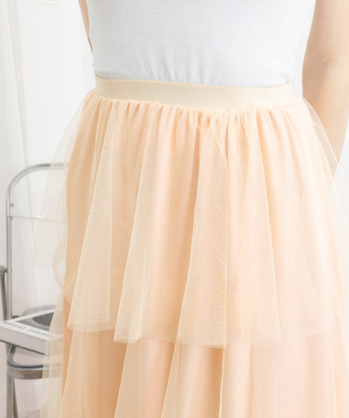 チュールティアードスカート ハイウエスト ロングスカート レディース ウエストゴムフレアスカート 大人可愛いミモレ丈スカートきれいめボリュームスカート春夏 韓国風 83AIMEIJU-002
