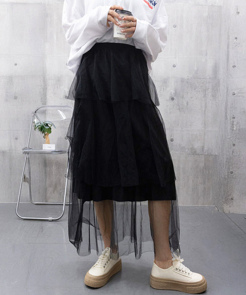 チュールティアードスカート ハイウエスト ロングスカート レディース ウエストゴムフレアスカート 大人可愛いミモレ丈スカートきれいめボリュームスカート春夏 韓国風 83AIMEIJU-002