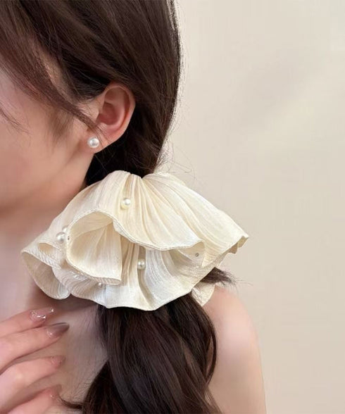 パール付きシュシュ 上品プリーツヘアゴム サテン風ボリュームシュシュ 光沢感ヘアアクセサリー 簡単まとめ髪グッズ ハーフアップ 可愛いポニーテール髪飾り きれいめ 83AIYOU-001