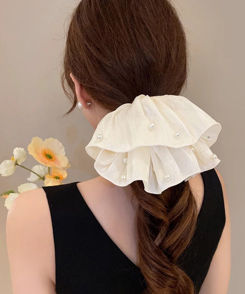 パール付きシュシュ 上品プリーツヘアゴム サテン風ボリュームシュシュ 光沢感ヘアアクセサリー 簡単まとめ髪グッズ ハーフアップ 可愛いポニーテール髪飾り きれいめ 83AIYOU-001