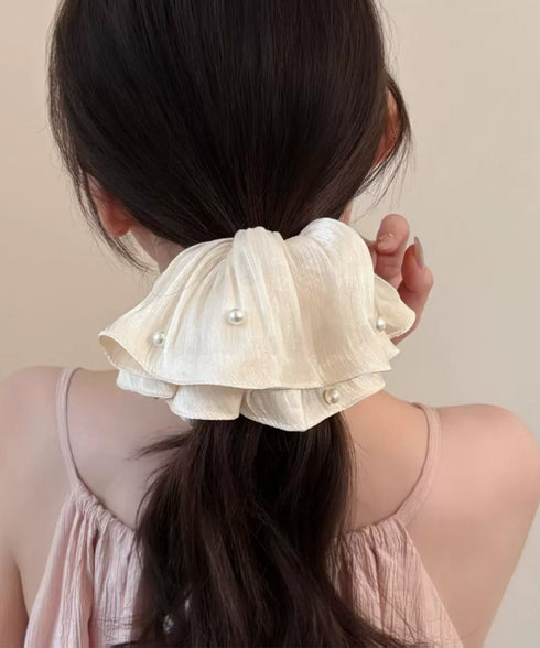 パール付きシュシュ 上品プリーツヘアゴム サテン風ボリュームシュシュ 光沢感ヘアアクセサリー 簡単まとめ髪グッズ ハーフアップ 可愛いポニーテール髪飾り きれいめ 83AIYOU-001