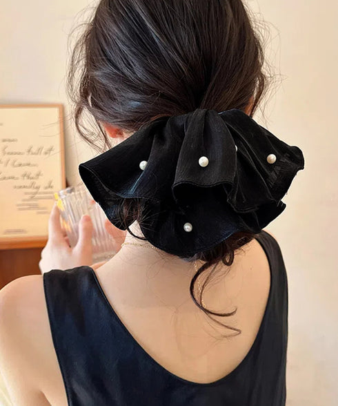 パール付きシュシュ 上品プリーツヘアゴム サテン風ボリュームシュシュ 光沢感ヘアアクセサリー 簡単まとめ髪グッズ ハーフアップ 可愛いポニーテール髪飾り きれいめ 83AIYOU-001