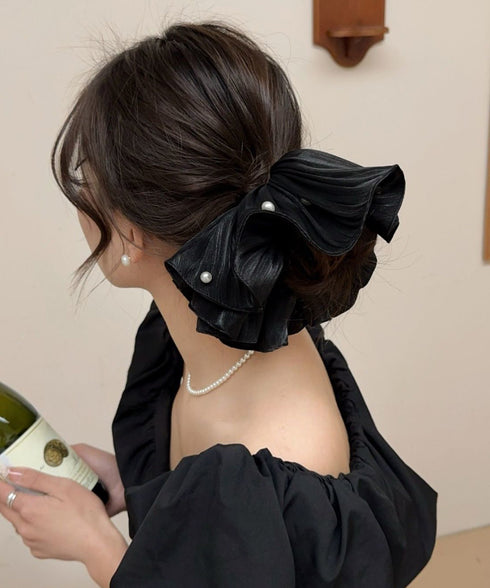 パール付きシュシュ 上品プリーツヘアゴム サテン風ボリュームシュシュ 光沢感ヘアアクセサリー 簡単まとめ髪グッズ ハーフアップ 可愛いポニーテール髪飾り きれいめ 83AIYOU-001