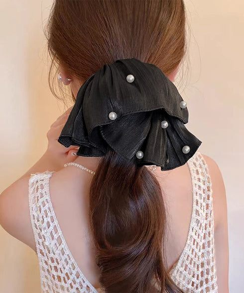 パール付きシュシュ 上品プリーツヘアゴム サテン風ボリュームシュシュ 光沢感ヘアアクセサリー 簡単まとめ髪グッズ ハーフアップ 可愛いポニーテール髪飾り きれいめ 83AIYOU-001