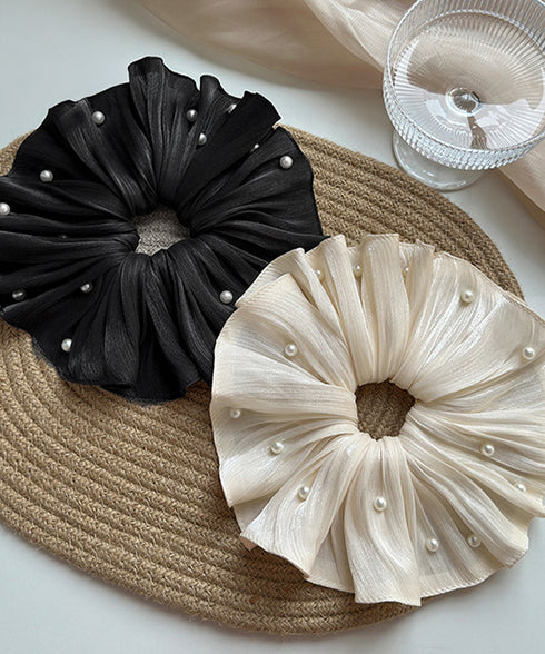 パール付きシュシュ 上品プリーツヘアゴム サテン風ボリュームシュシュ 光沢感ヘアアクセサリー 簡単まとめ髪グッズ ハーフアップ 可愛いポニーテール髪飾り きれいめ 83AIYOU-001