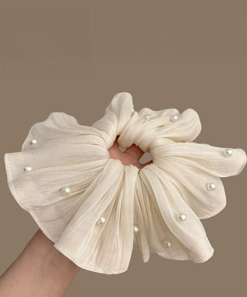 パール付きシュシュ 上品プリーツヘアゴム サテン風ボリュームシュシュ 光沢感ヘアアクセサリー 簡単まとめ髪グッズ ハーフアップ 可愛いポニーテール髪飾り きれいめ 83AIYOU-001