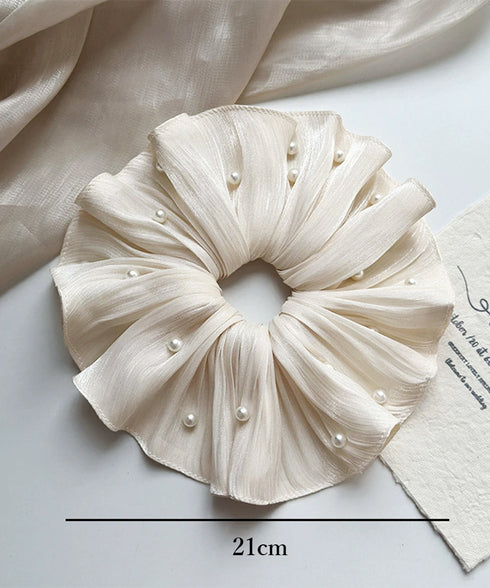 パール付きシュシュ 上品プリーツヘアゴム サテン風ボリュームシュシュ 光沢感ヘアアクセサリー 簡単まとめ髪グッズ ハーフアップ 可愛いポニーテール髪飾り きれいめ 83AIYOU-001