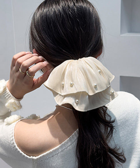 パール付きシュシュ 上品プリーツヘアゴム サテン風ボリュームシュシュ 光沢感ヘアアクセサリー 簡単まとめ髪グッズ ハーフアップ 可愛いポニーテール髪飾り きれいめ 83AIYOU-001