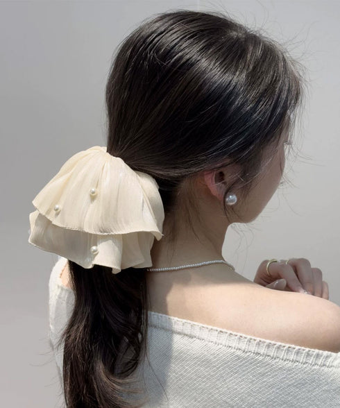 パール付きシュシュ 上品プリーツヘアゴム サテン風ボリュームシュシュ 光沢感ヘアアクセサリー 簡単まとめ髪グッズ ハーフアップ 可愛いポニーテール髪飾り きれいめ 83AIYOU-001