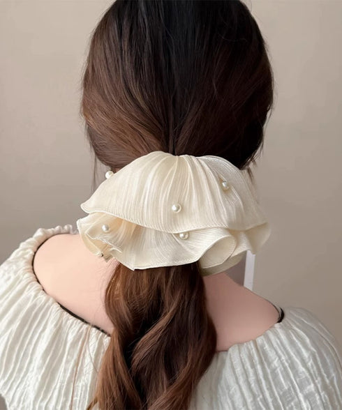 パール付きシュシュ 上品プリーツヘアゴム サテン風ボリュームシュシュ 光沢感ヘアアクセサリー 簡単まとめ髪グッズ ハーフアップ 可愛いポニーテール髪飾り きれいめ 83AIYOU-001