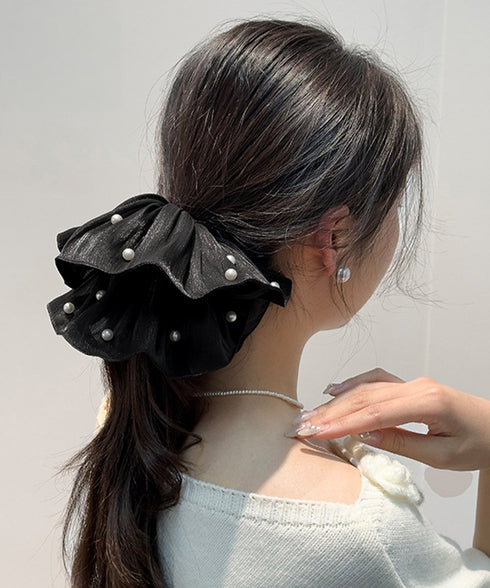 パール付きシュシュ 上品プリーツヘアゴム サテン風ボリュームシュシュ 光沢感ヘアアクセサリー 簡単まとめ髪グッズ ハーフアップ 可愛いポニーテール髪飾り きれいめ 83AIYOU-001