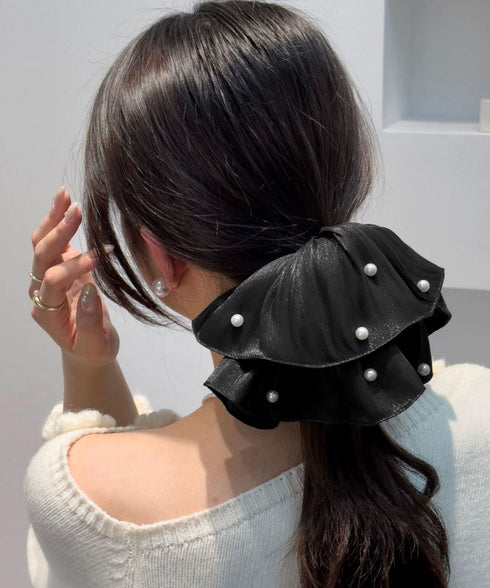 パール付きシュシュ 上品プリーツヘアゴム サテン風ボリュームシュシュ 光沢感ヘアアクセサリー 簡単まとめ髪グッズ ハーフアップ 可愛いポニーテール髪飾り きれいめ 83AIYOU-001