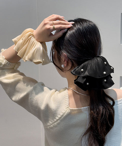 パール付きシュシュ 上品プリーツヘアゴム サテン風ボリュームシュシュ 光沢感ヘアアクセサリー 簡単まとめ髪グッズ ハーフアップ 可愛いポニーテール髪飾り きれいめ 83AIYOU-001