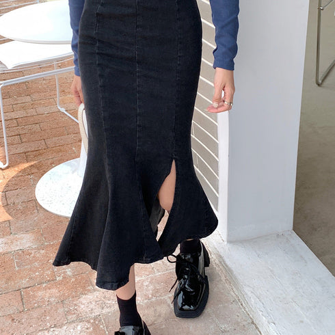デニムマーメイドスカート大人セクシー タイトスカート ロング丈 レディース デイリーコーデ 美ライン 可愛い フレアスカート ミモレ丈 スリット入り 韓国風 83BIX-002