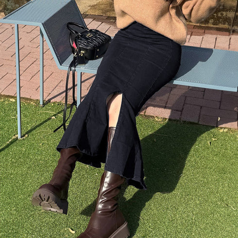 デニムマーメイドスカート大人セクシー タイトスカート ロング丈 レディース デイリーコーデ 美ライン 可愛い フレアスカート ミモレ丈 スリット入り 韓国風 83BIX-002