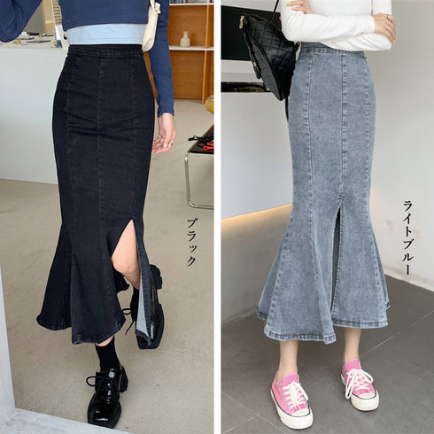 デニムマーメイドスカート大人セクシー タイトスカート ロング丈 レディース デイリーコーデ 美ライン 可愛い フレアスカート ミモレ丈 スリット入り 韓国風 83BIX-002