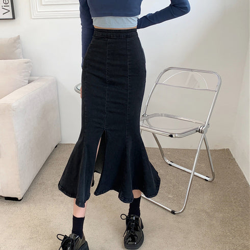 デニムマーメイドスカート大人セクシー タイトスカート ロング丈 レディース デイリーコーデ 美ライン 可愛い フレアスカート ミモレ丈 スリット入り 韓国風 83BIX-002