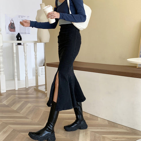 デニムマーメイドスカート大人セクシー タイトスカート ロング丈 レディース デイリーコーデ 美ライン 可愛い フレアスカート ミモレ丈 スリット入り 韓国風 83BIX-002