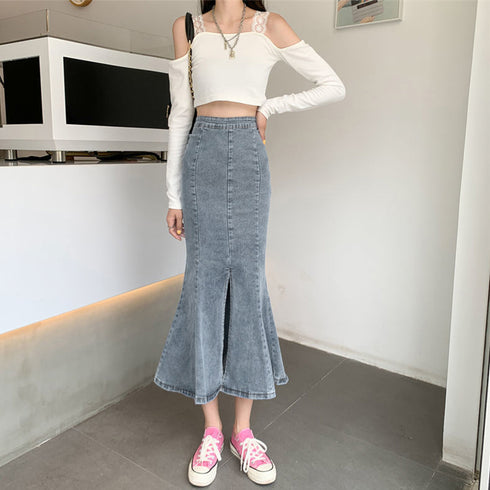デニムマーメイドスカート大人セクシー タイトスカート ロング丈 レディース デイリーコーデ 美ライン 可愛い フレアスカート ミモレ丈 スリット入り 韓国風 83BIX-002