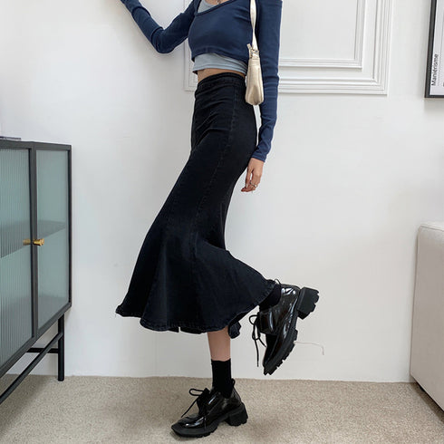 デニムマーメイドスカート大人セクシー タイトスカート ロング丈 レディース デイリーコーデ 美ライン 可愛い フレアスカート ミモレ丈 スリット入り 韓国風 83BIX-002