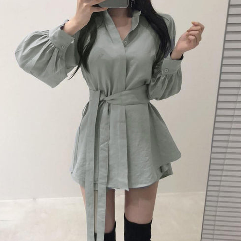 セットアップ レディース 春夏 シャツ 韓国 長袖シャツブラウス ショートパンツ 2点セット きれいめ ボリューム袖 カーディガン パフスリーブ トップス 83BIX-005