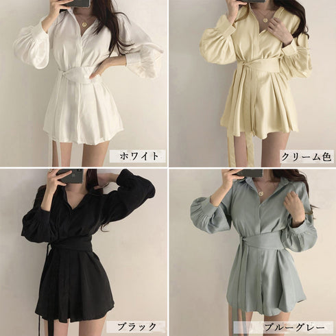 セットアップ レディース 春夏 シャツ 韓国 長袖シャツブラウス ショートパンツ 2点セット きれいめ ボリューム袖 カーディガン パフスリーブ トップス 83BIX-005