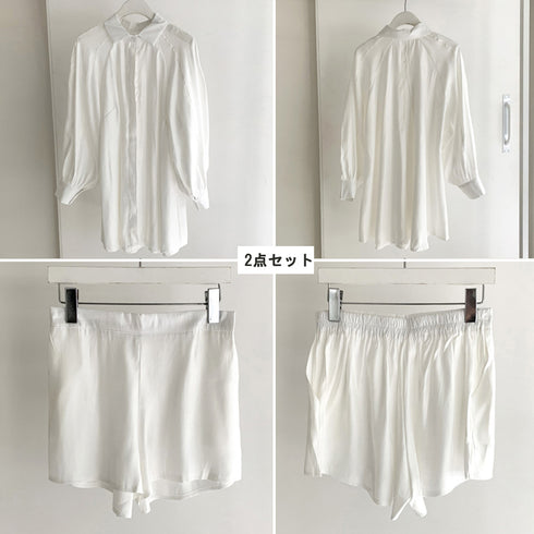 セットアップ レディース 春夏 シャツ 韓国 長袖シャツブラウス ショートパンツ 2点セット きれいめ ボリューム袖 カーディガン パフスリーブ トップス 83BIX-005