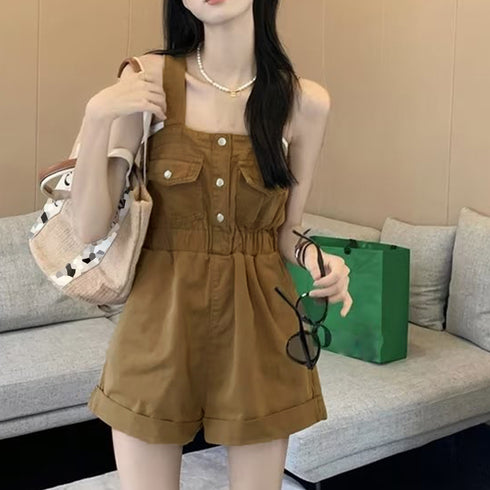 デニムサロペットショート丈オールインワン レディース デニムパンツ ショートオーバーオール 韓国ストリート カジュアル レトロ着やせつなぎパンツ ハイウエスト美脚 83BIX-008