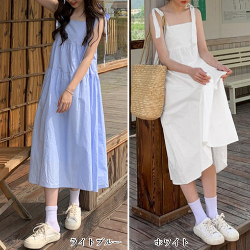 ティアード キャミワンピースロングワンピ 可愛い ノースリーブワンピース レディース体型カバー 無地リボンサマーワンピ ゆったり カジュアルフレアワンピ おしゃれ 83BIX-010