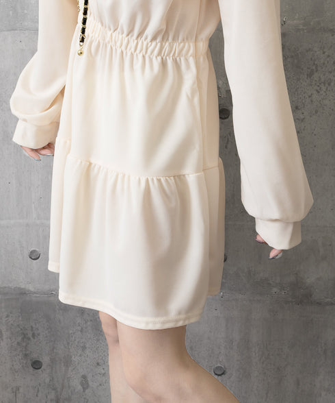 ティアードミニワンピース ウエストマーク きれいめショートワンピース着やせ 膝上ワンピース春秋レディース低身長 ハイウエスト 細見え aラインフレアワンピ レトロ 83CHENXN-005