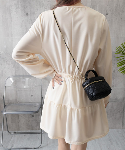 ティアードミニワンピース ウエストマーク きれいめショートワンピース着やせ 膝上ワンピース春秋レディース低身長 ハイウエスト 細見え aラインフレアワンピ レトロ 83CHENXN-005