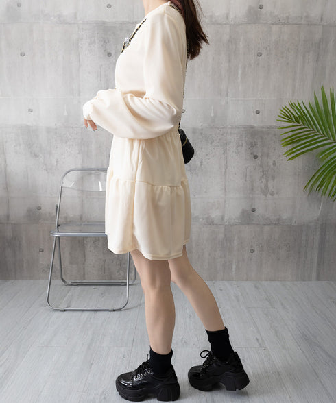 ティアードミニワンピース ウエストマーク きれいめショートワンピース着やせ 膝上ワンピース春秋レディース低身長 ハイウエスト 細見え aラインフレアワンピ レトロ 83CHENXN-005