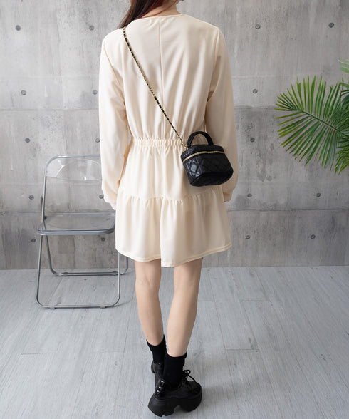 ティアードミニワンピース ウエストマーク きれいめショートワンピース着やせ 膝上ワンピース春秋レディース低身長 ハイウエスト 細見え aラインフレアワンピ レトロ 83CHENXN-005