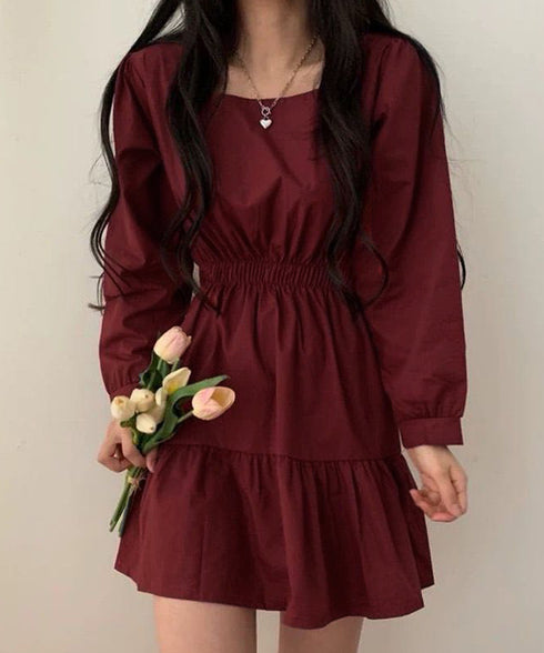 ティアードミニワンピース ウエストマーク きれいめショートワンピース着やせ 膝上ワンピース春秋レディース低身長 ハイウエスト 細見え aラインフレアワンピ レトロ 83CHENXN-005