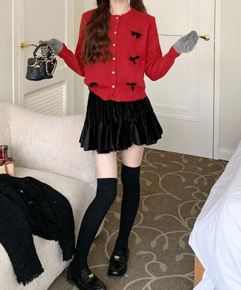 ニットカーディガンリボン飾り 秋冬ニット レディース 韓国風ニットトップスクルーネック 大人可愛い 長袖ニットアウター 程よい甘さセーター メタルボタンニット羽織 83CHENXN-006