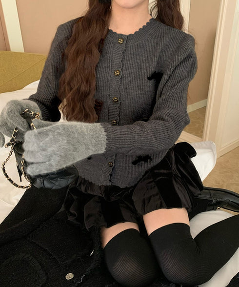ニットカーディガンリボン飾り 秋冬ニット レディース 韓国風ニットトップスクルーネック 大人可愛い 長袖ニットアウター 程よい甘さセーター メタルボタンニット羽織 83CHENXN-006