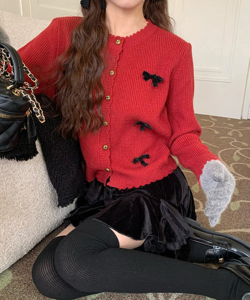 ニットカーディガンリボン飾り 秋冬ニット レディース 韓国風ニットトップスクルーネック 大人可愛い 長袖ニットアウター 程よい甘さセーター メタルボタンニット羽織 83CHENXN-006