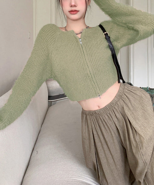 ダブルジップ シャギーニット ショート丈 レディースふわふわニットトップス 韓国風 柔らかミンクタッチ ニットカーディガン 春秋冬 大人可愛いニットセーターお洒落 83CHENXN-007