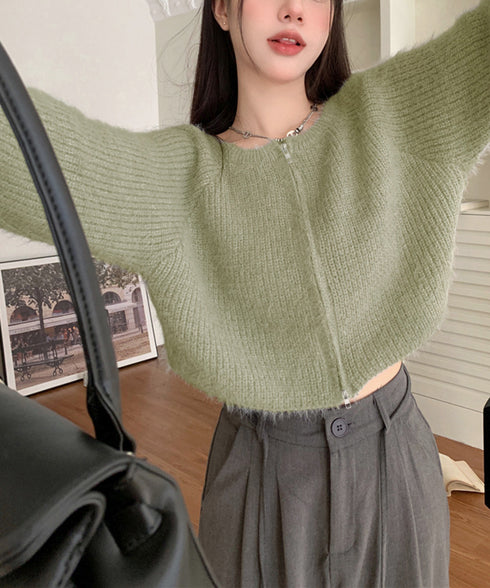 ダブルジップ シャギーニット ショート丈 レディースふわふわニットトップス 韓国風 柔らかミンクタッチ ニットカーディガン 春秋冬 大人可愛いニットセーターお洒落 83CHENXN-007