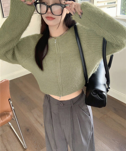 ダブルジップ シャギーニット ショート丈 レディースふわふわニットトップス 韓国風 柔らかミンクタッチ ニットカーディガン 春秋冬 大人可愛いニットセーターお洒落 83CHENXN-007